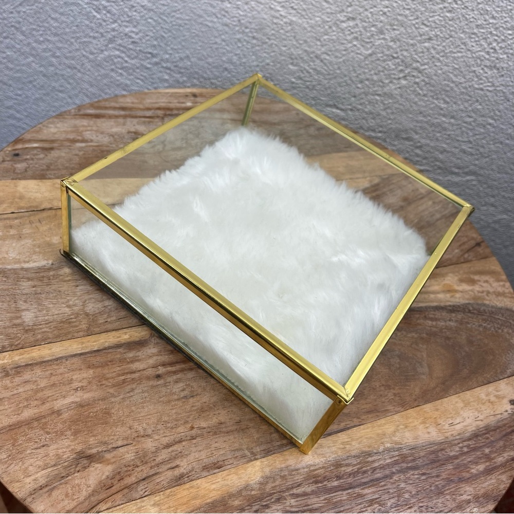 Retro l Glamorous White Faux Fur Lined Glass Gold Metal Trim Jewelry Display Box